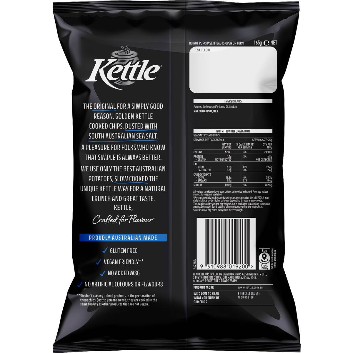 Kettle Classic Sea Salt Chips Potato Chips 165g
