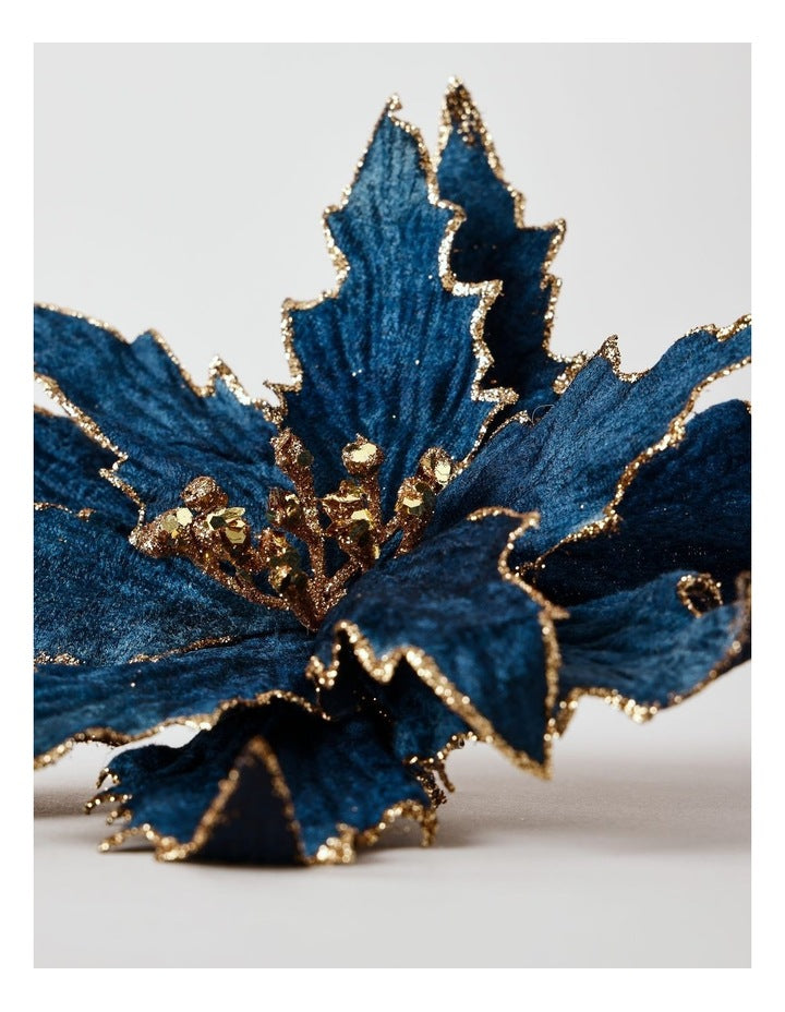 Luxe Christmas Fabric Poinsettia Clip 23cm in Navy