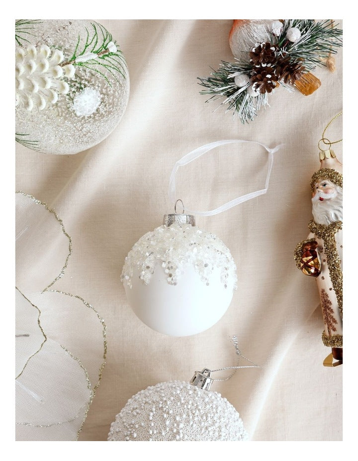 Harvest Christmas Glass Dripped Beaded Bauble Ornament 8cm in White