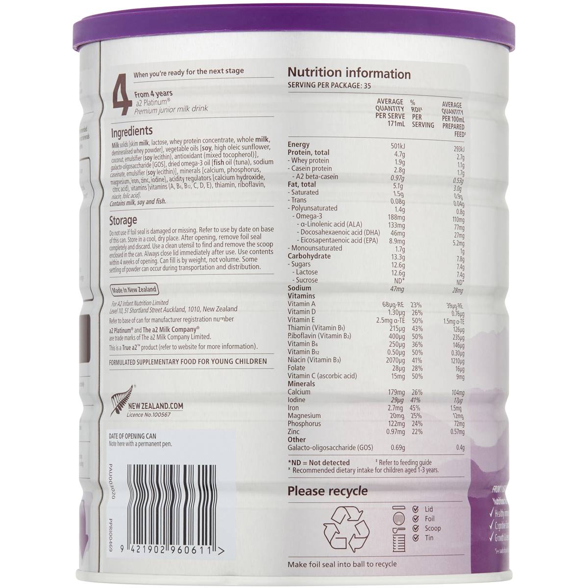 A2 Platinum Junior Milk Drink Stage 3 900g