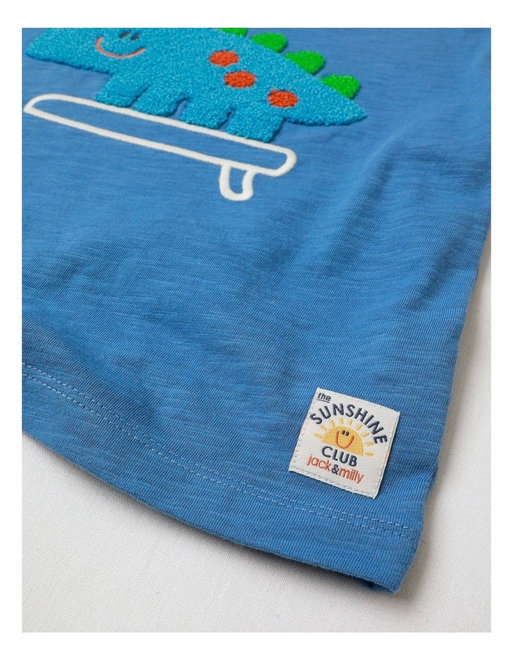 Phil Short Sleeve Spliced Tee With Surfing Dino Boucle In Blue
