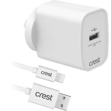 Crest Lightning USB-A Wall Charger & Cable 1m each