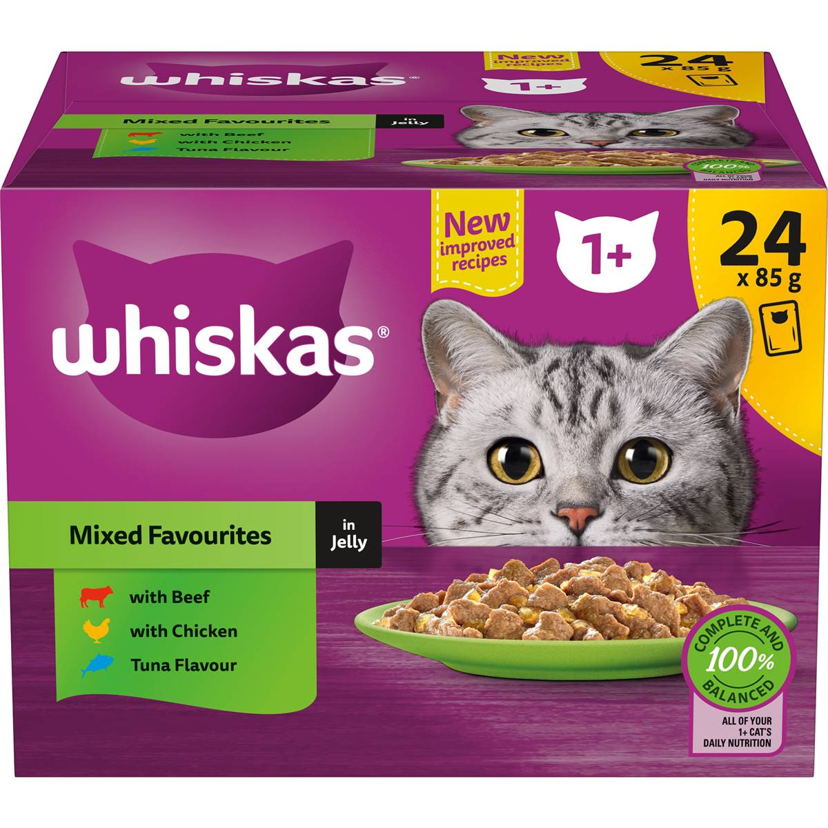 Whiskas Adult 1 + Years Wet Cat Food Mixed Favourites In Jelly 85g x 24 pack