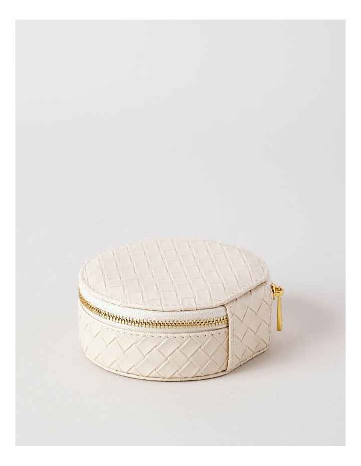 Woven PU Round Travel Jewellery Box in Ivory