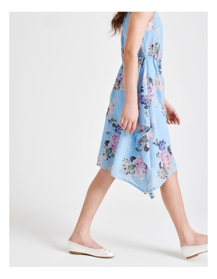 Chloe Sleeveless Hankerchief Hem Chiffon Dress with Gold in Blue Floral