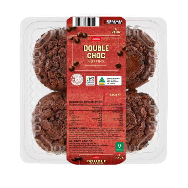 COLES DOUBLE CHOC MUFFINS 4PK