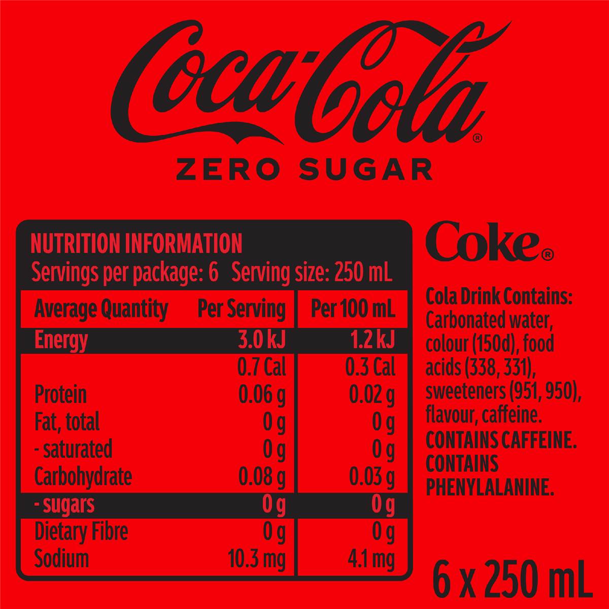 Coca-Cola Zero Sugar Soft Drink Mini Cans 6 x 250ml