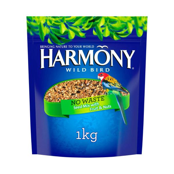 HARMONY NO WASTE DRY BIRD SEED MIX WITH FRUIT & NUTS 1KG POUCH