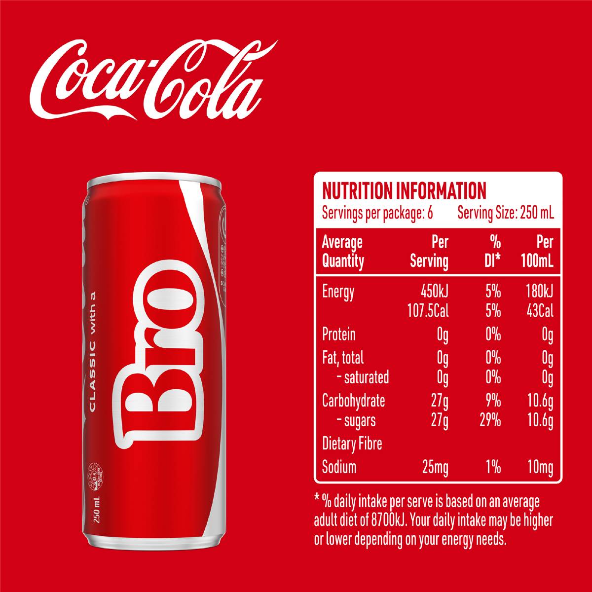 Coca-Cola Classic Soft Drink Mini Cans 250ml X 6 Pack