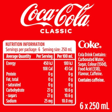 Coca-Cola Classic Soft Drink Mini Cans 250mL x 6 pack