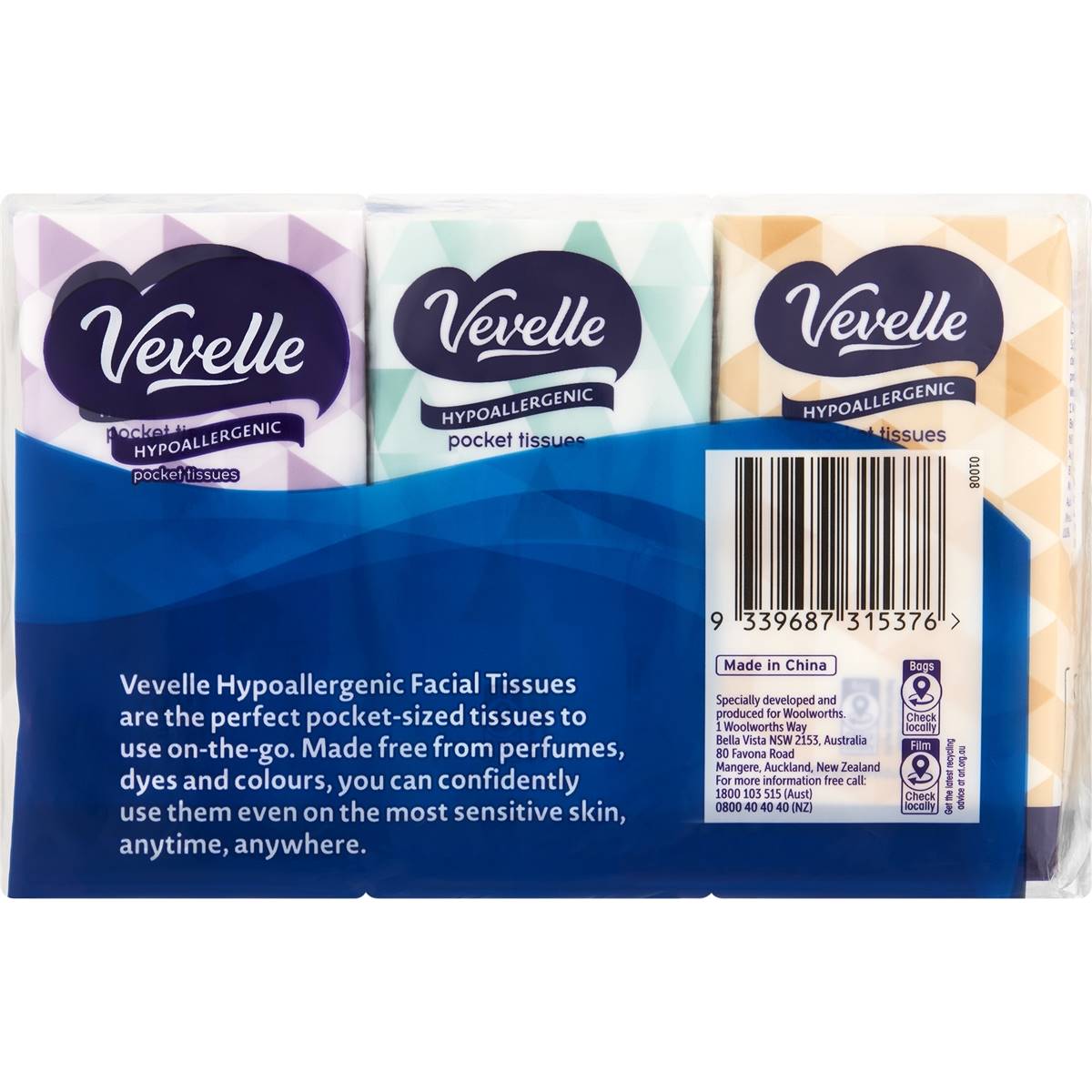 Vevelle 3 Ply 9 Sheets Hypoallergenic Facial Tissues 6 Pack
