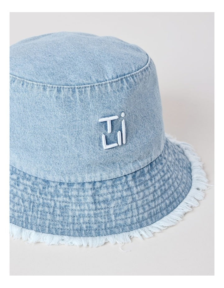 Washed Denim Bucket Hat with Frayed Edges in Denim