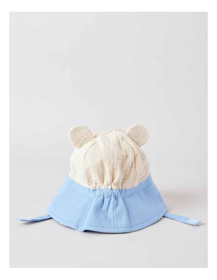 Muslin Bucket Hat with Bear Face in Blue