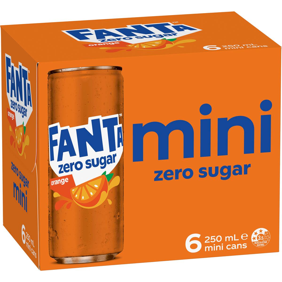 Fanta Orange Zero Sugar Soft Drink Mini Cans 250ml x 6 Pack