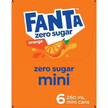 Fanta Orange Zero Sugar Soft Drink Mini Cans 250mL x 6 pack