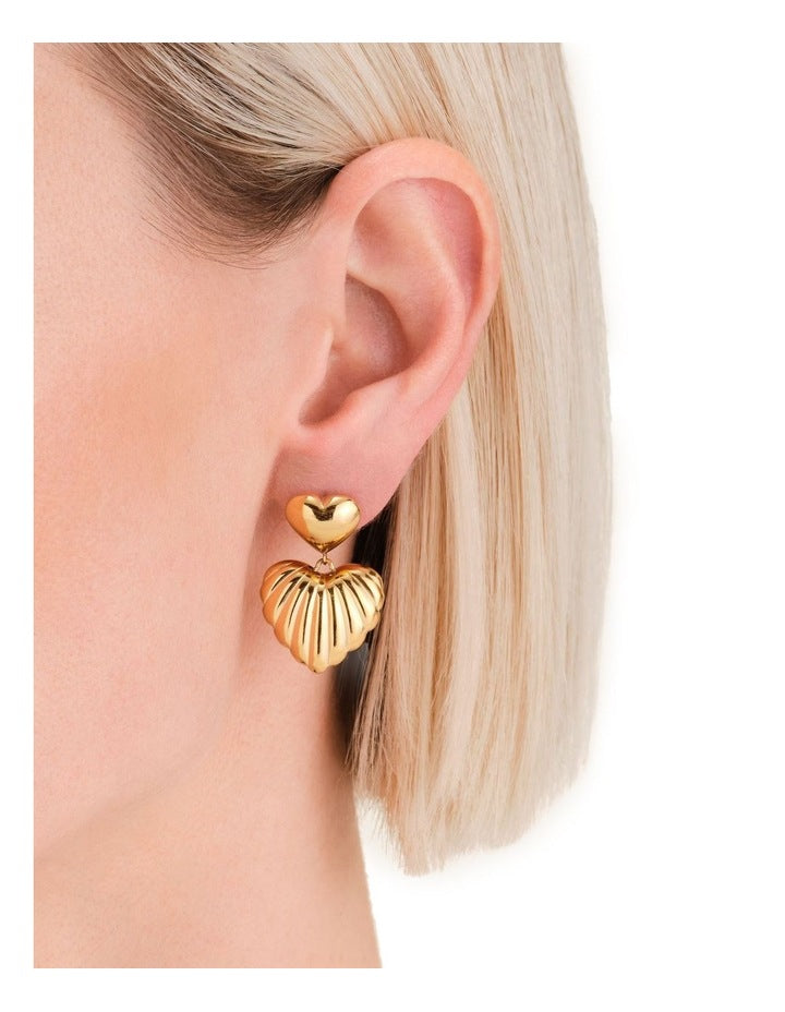 Double Heart Pendant Earrings in Gold-Tone