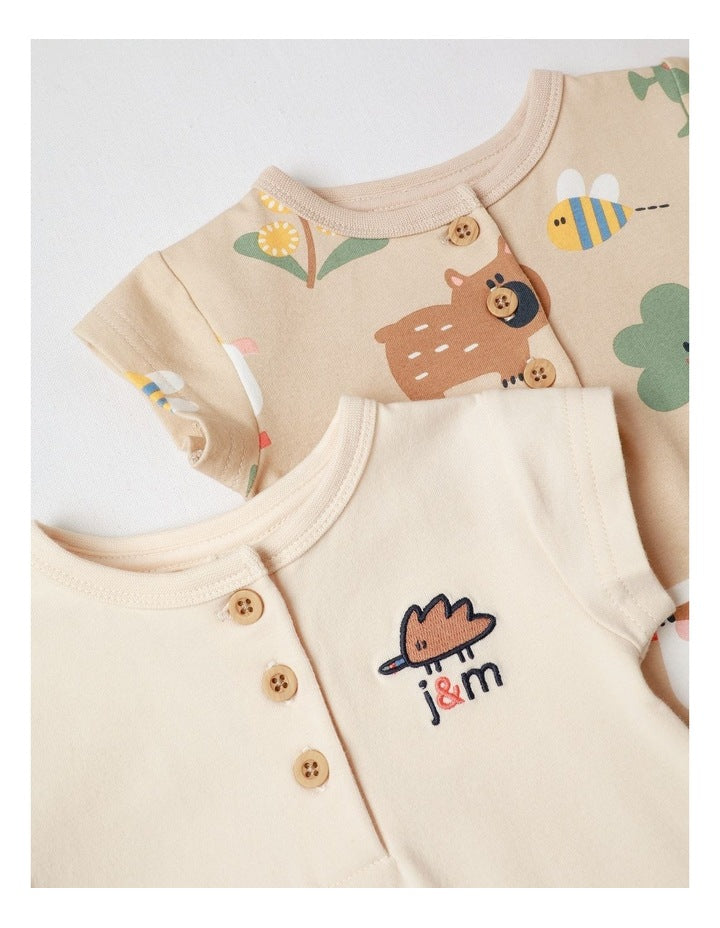 Naturals 2 Pack Rompers wih Echidna Embroidery in Oatmeal