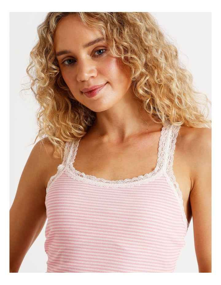 Lola Lace Trim Rib Cami in Pink Sorbet Stripe Print