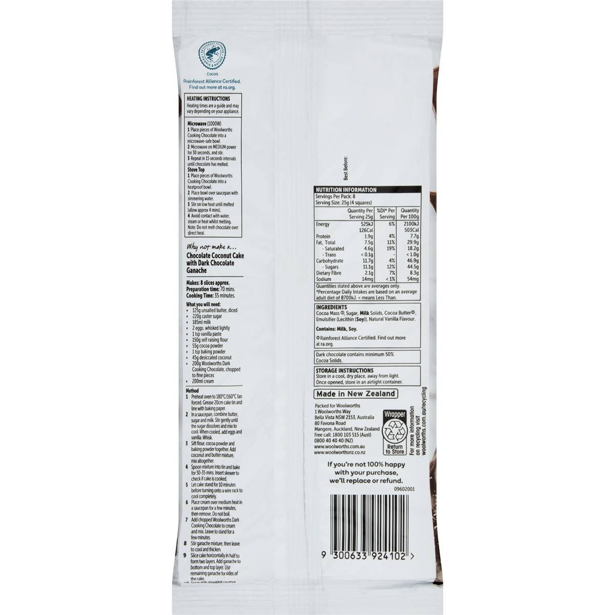 Woolworths Cooking Chocolate Dark 200g