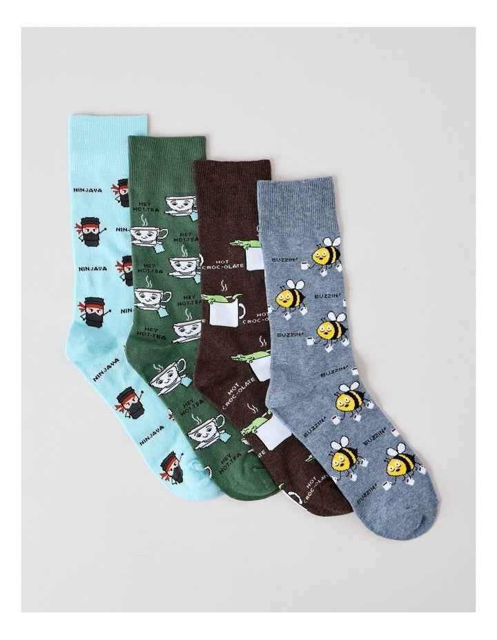 4 Pack Coffee Crew Socks in Assorted