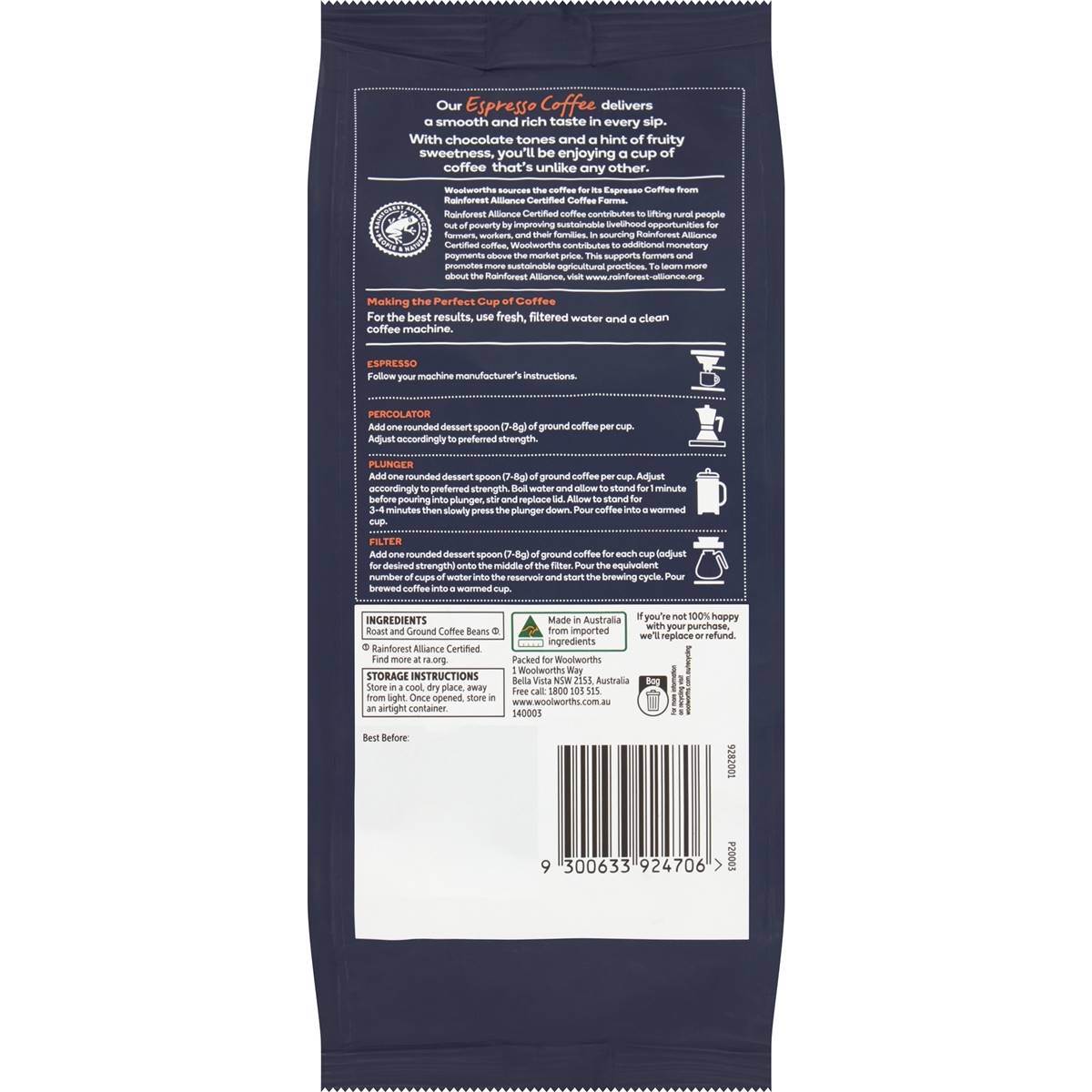 Woolworths Ground Coffee Espresso 250g