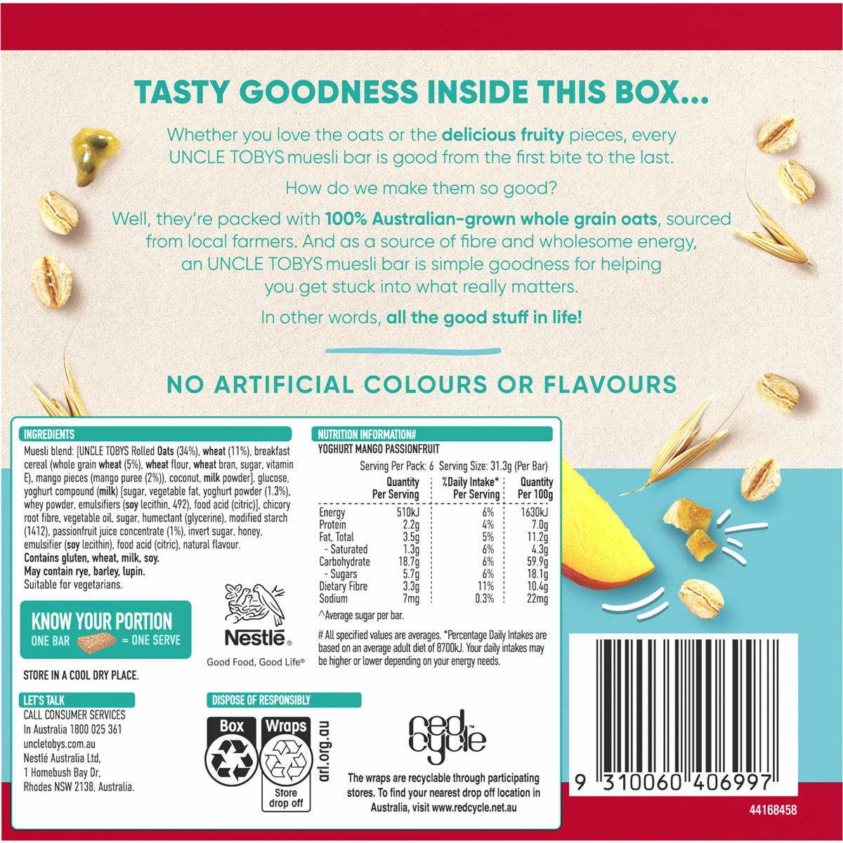 Uncle Tobys Muesli Bars Yoghurt & Mango & Passionfruit 6 Pack