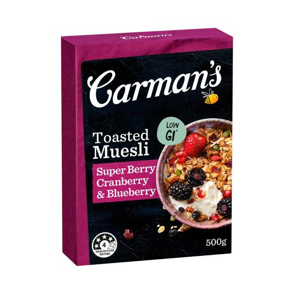 CARMAN'S MUESLI TOASTED SUPER BERRY CRANBERRY & BLUEBERRY 500G