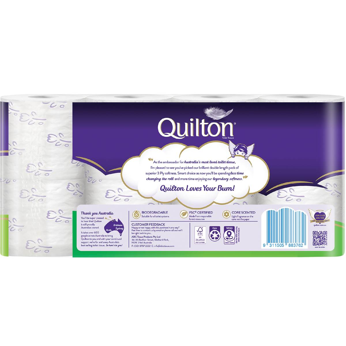 Quilton Double Length Toilet Tissue 3 Ply Prints 360 Sheets 8 Pack