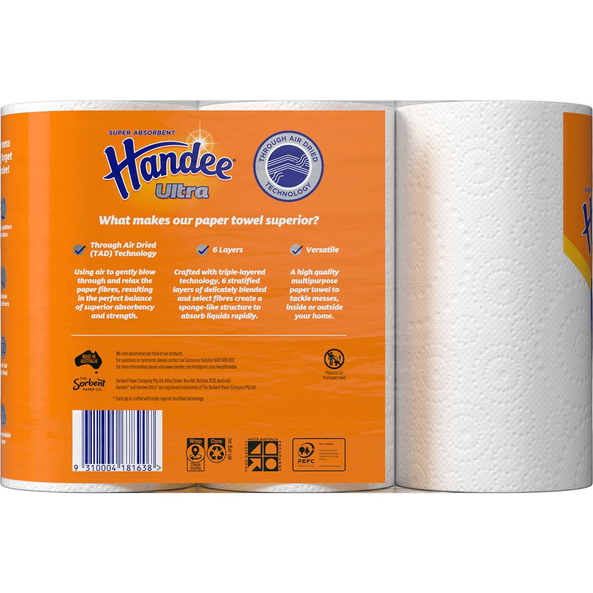 Handee Ultra Paper Towel White 2 Ply 180 Sheets 3 Pack