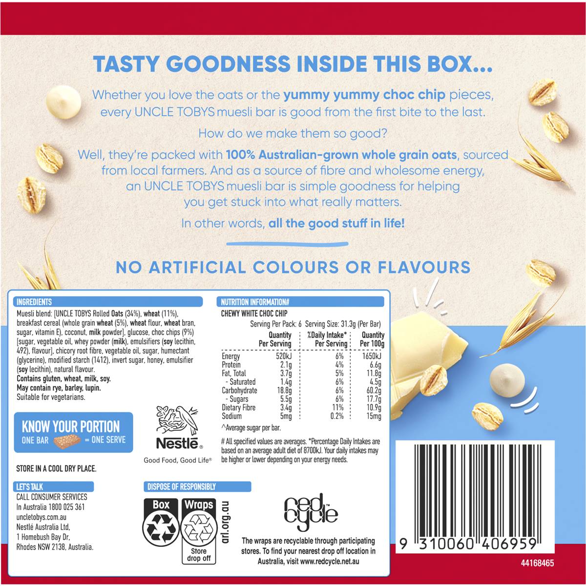 Uncle Tobys Muesli Bars Chewy White Choc Chip 6 Pack