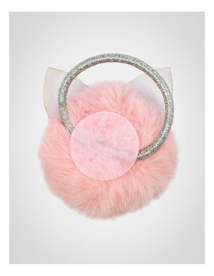 Fur Pom Pom Cat Hairtie in Pink & Silver