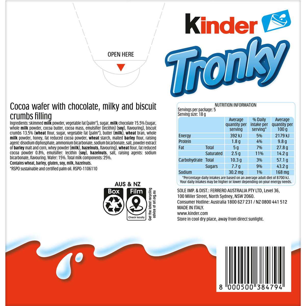 Kinder Tronky Creamy Chocolate Wafer Biscuit Multipack 5 pack