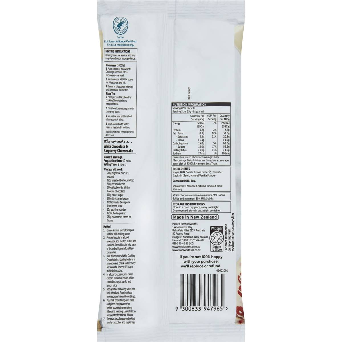 Woolworths Cooking Chocolate White 200g