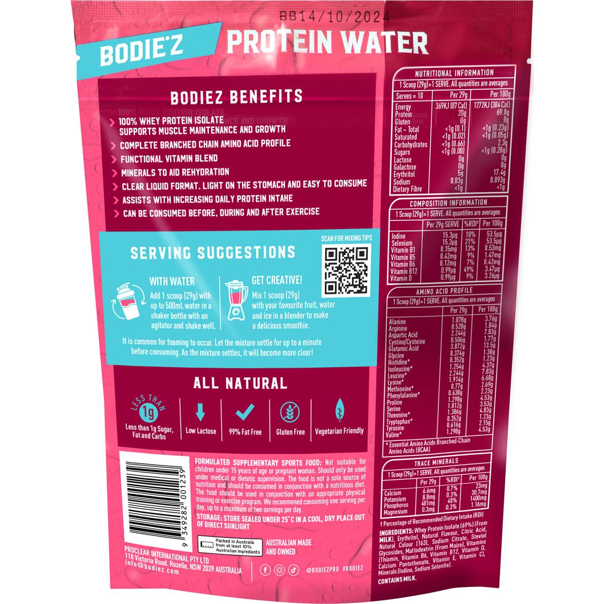 Bodiez Protein Water Powder Mixed Berry 290g