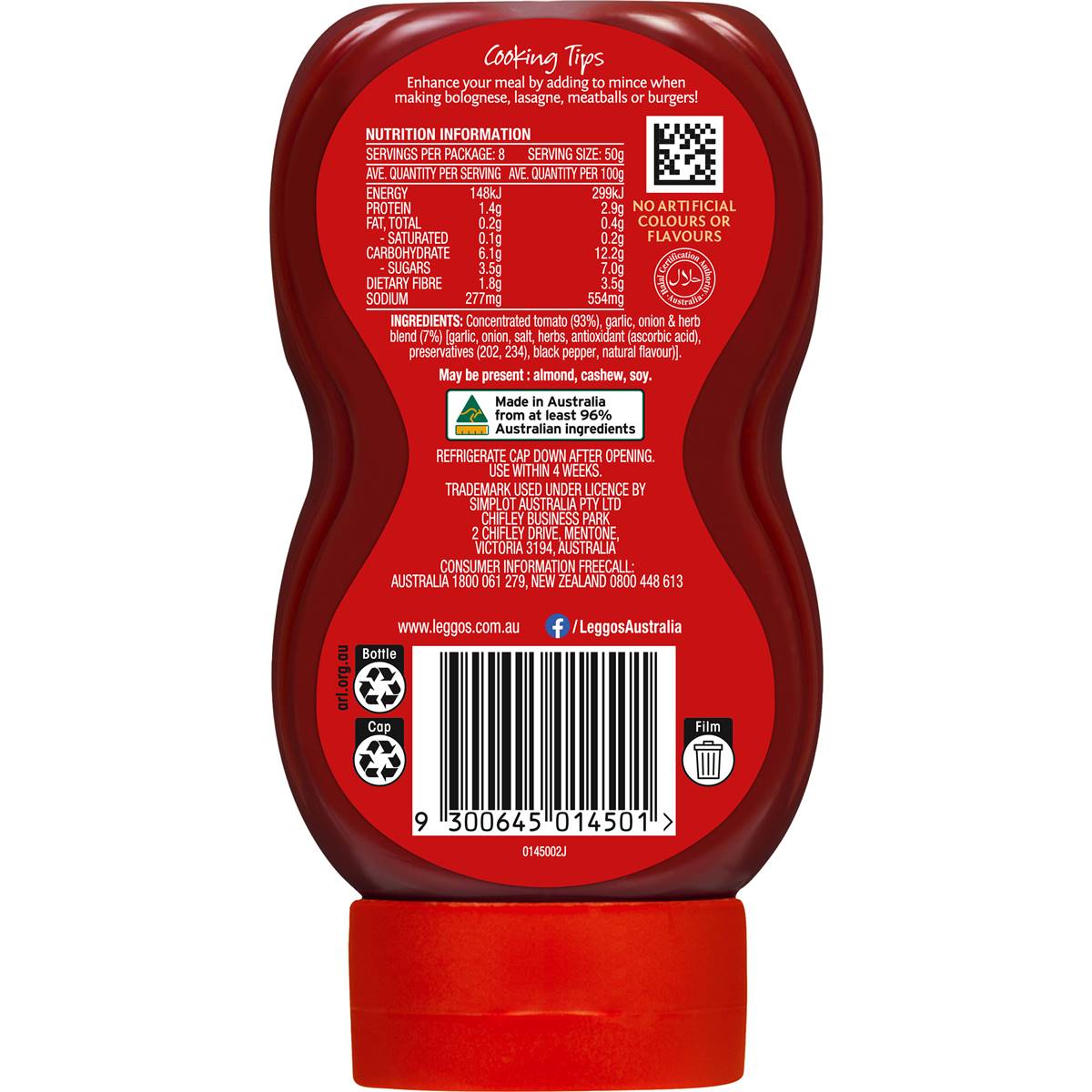 Leggo's Pizza Sauce Double Concentrate Garlic Onion & Herbs Squeeze 400g