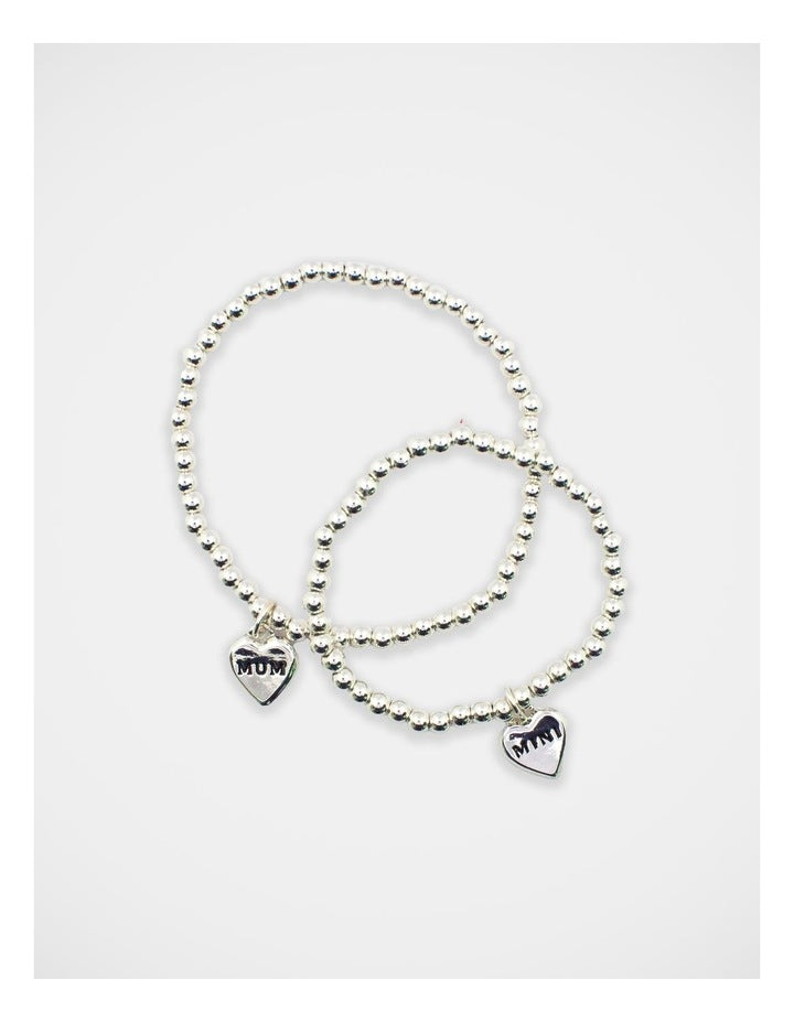 Mamma And Mini Beaded Heart Bracelet Set in Silver