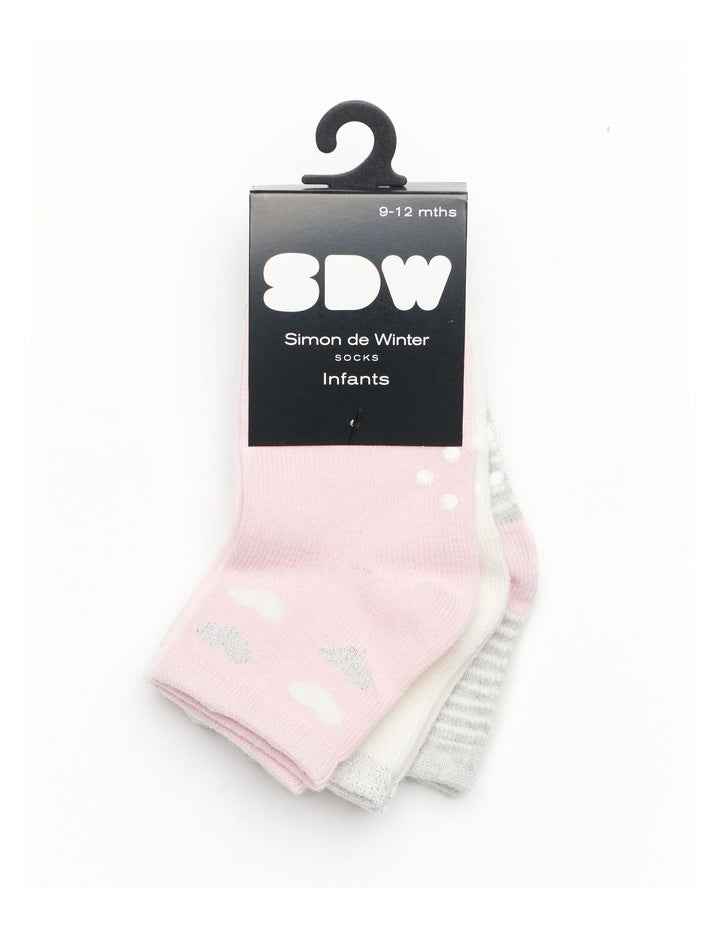 Infants Patterned Crew Socks 3 Pack in Pink/Grey
