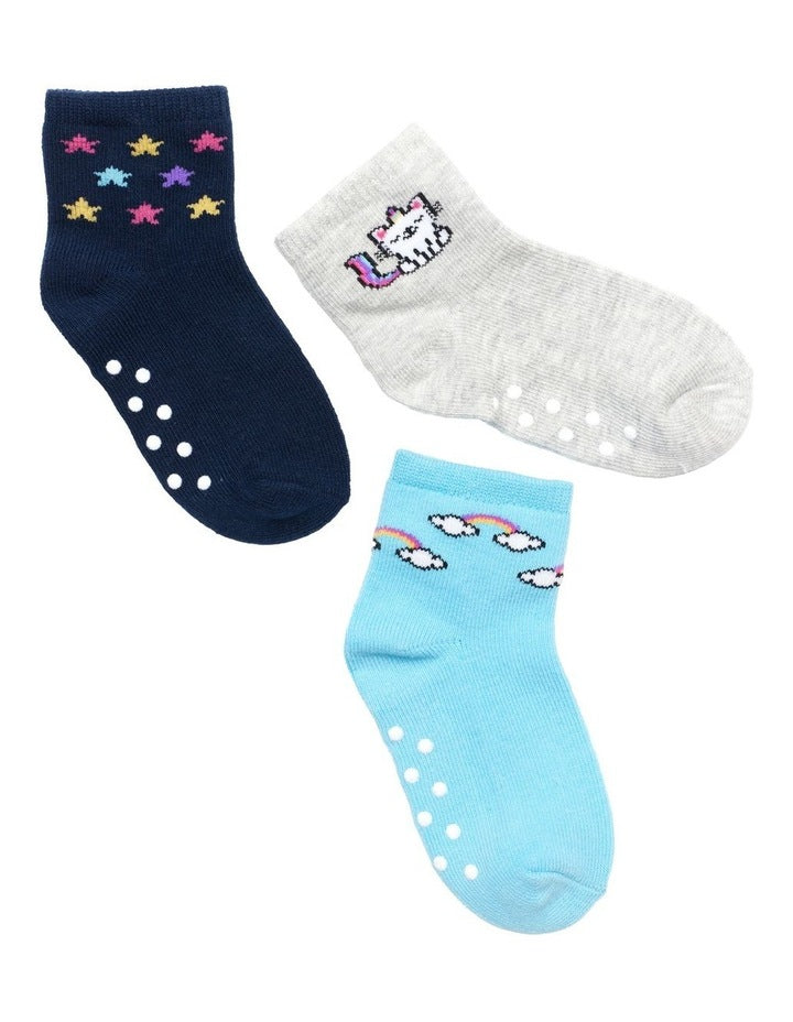 Infants Patterned Crew Socks 3 Pack in Navy/Grey/Aqua