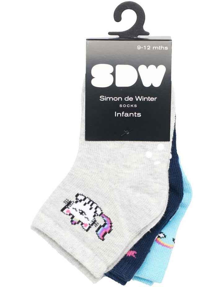 Infants Patterned Crew Socks 3 Pack in Navy/Grey/Aqua