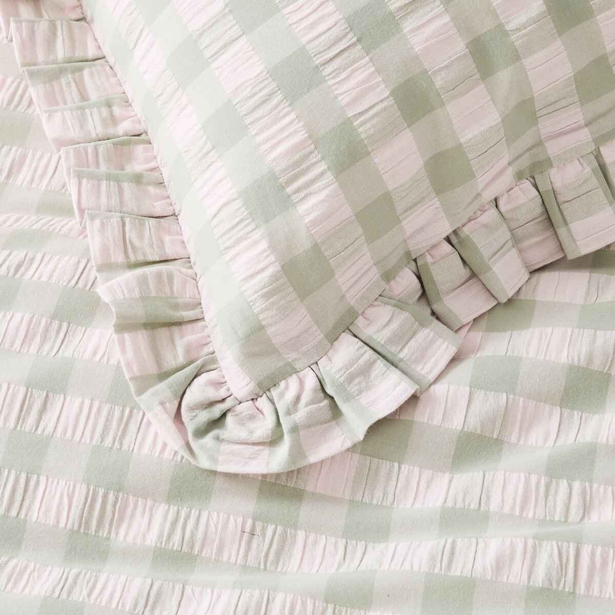 Gingham Ruffle Cotton Quilt Cover Set - Queen Bed, Sage and Pink