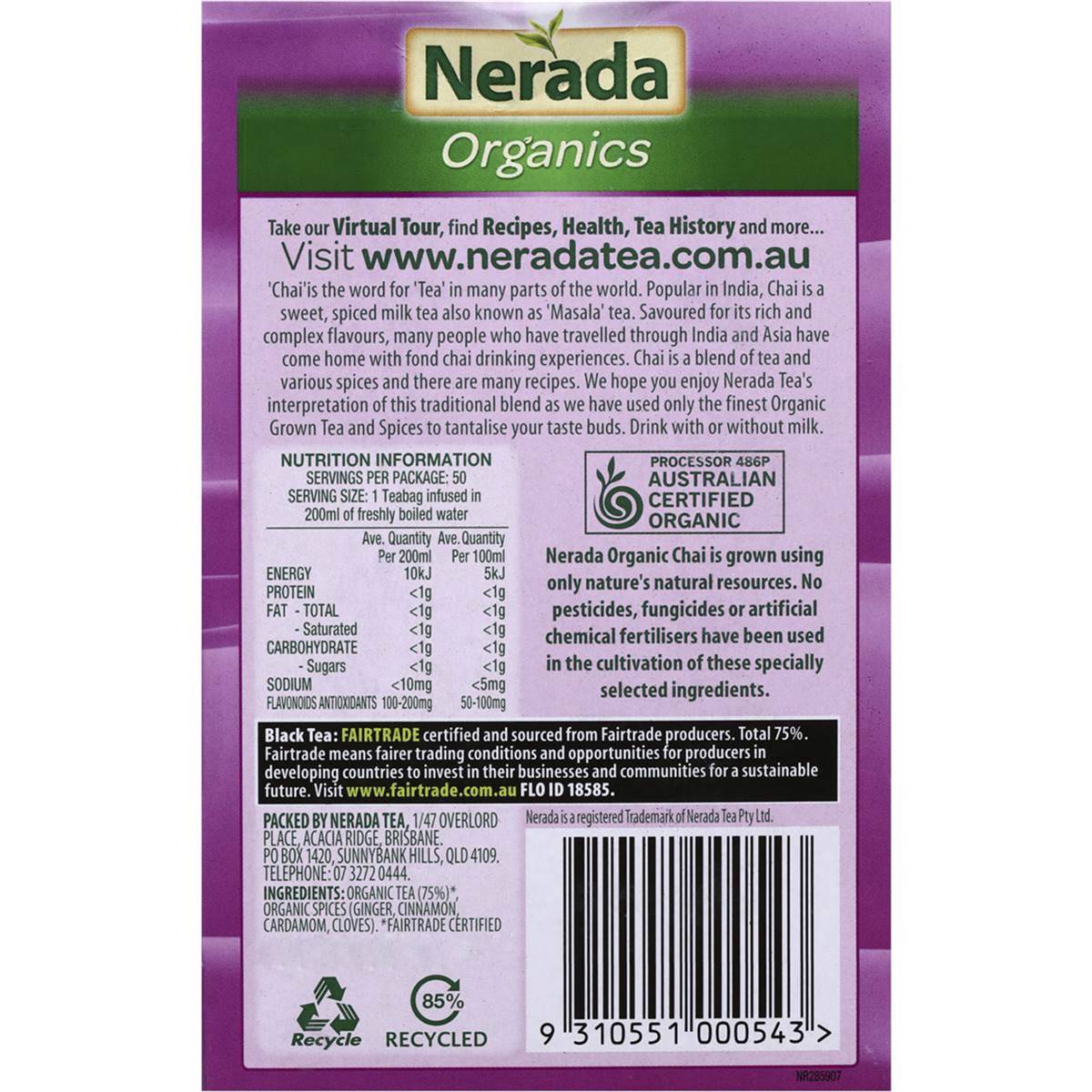 Nerada Organic Chai Tea 50 Pack 93g