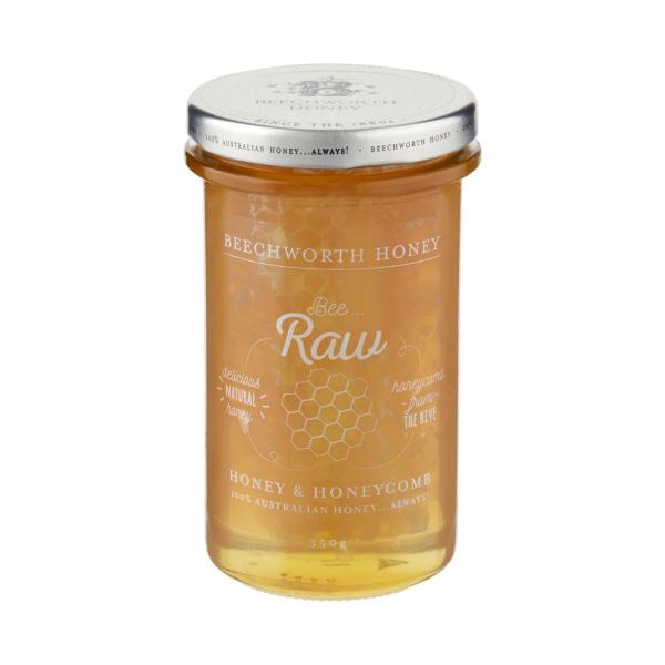 BEECHWORTH HONEY BEE RAW HONEY & HONEYCOMB 100% AUSTRALIAN HONEY JAR 350G