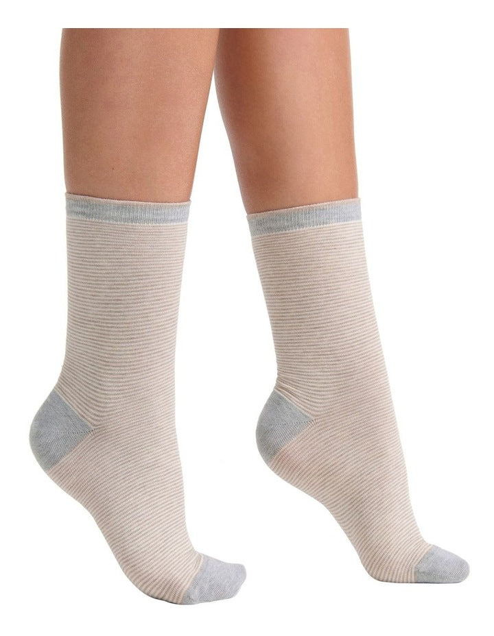 Lina Fine Stripe Crew Sock in Oatmeal