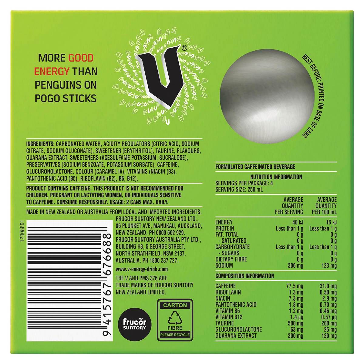 V Energy Sugar Free 250mL x 4 pack
