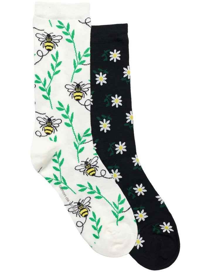 2 Pack Patterned 3/4 Crew Socks in Ivory/Black