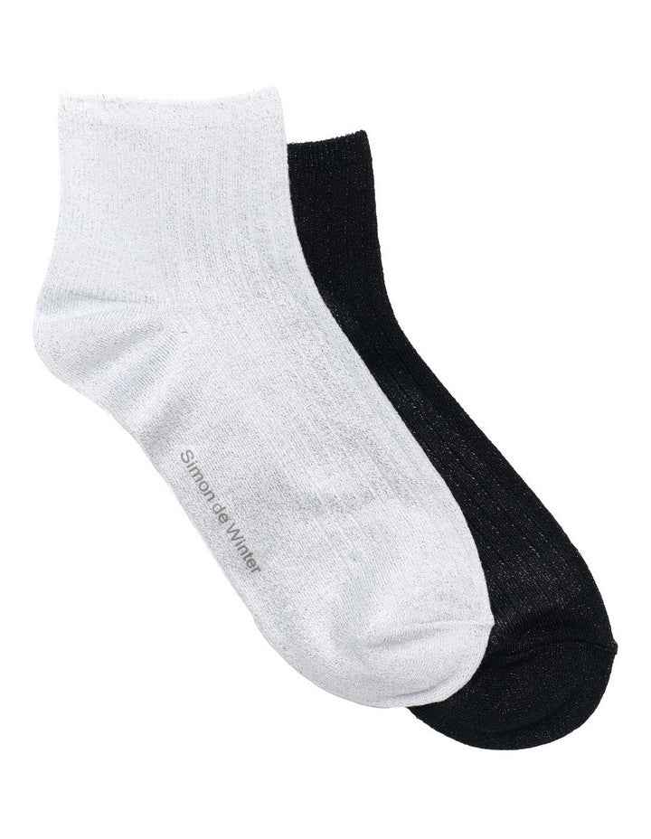 2 Pack Bamboo Metallic Rib Quarter Crew Socks in White/Black