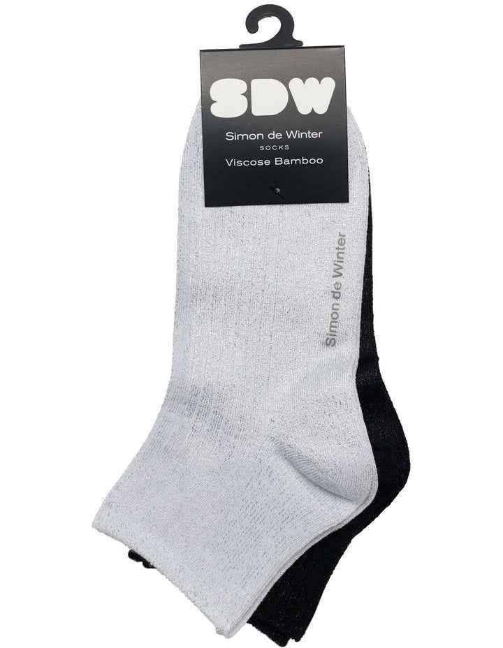 2 Pack Bamboo Metallic Rib Quarter Crew Socks in White/Black