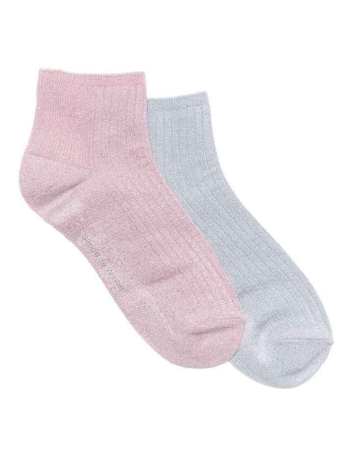 2 Pack Bamboo Metallic Rib Quarter Crew Socks in Rose/Blue