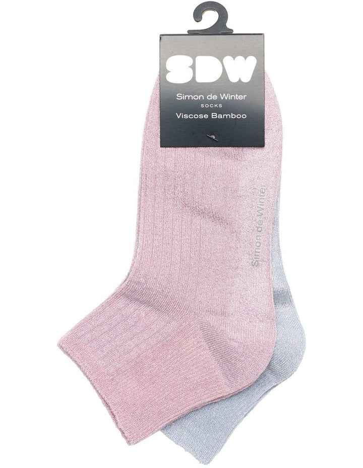 2 Pack Bamboo Metallic Rib Quarter Crew Socks in Rose/Blue