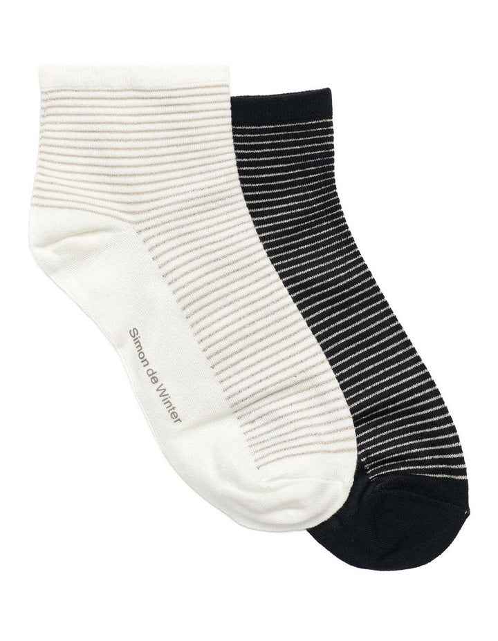 2 Pack Bamboo Metallic Rib Quarter Crew Socks in Ivory/Black